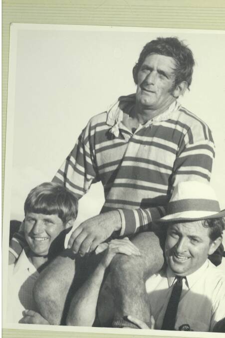 GLORY DAYS: Singleton captain-coach Pat Kelly is chaired from the ground by Kerry Meyn and Brett Slattery after the Greyhounds' 1971 grand final win at Denman.  