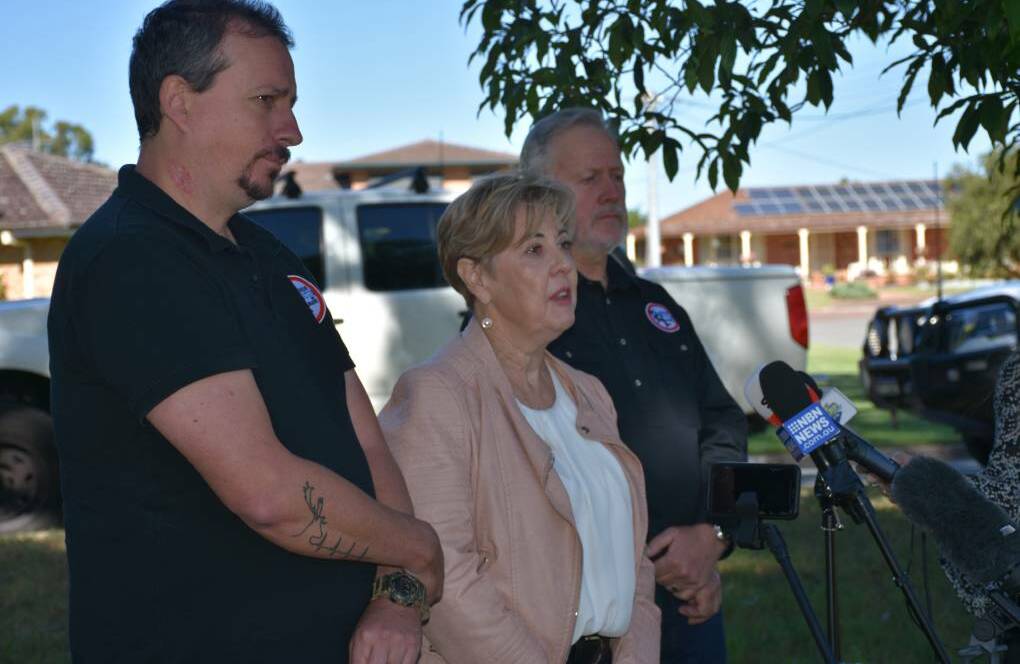 Sue Gilroy in Singleton this morning with Shooters, Fishers and Farmers MLC members Mark Banasiak and Robert Borsak.