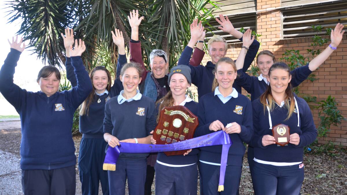 WINNERS: (Back) Danica Allgood-Johnston, Mrs Greenhall, Aidan Sargent, Madison Sargent, (Front) Renee Atfield, Zoe Tuder, Taylor Giggins, Pipper Hoge and Josie Brown