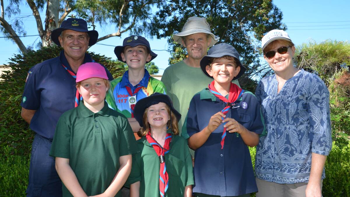 HELPING HAND: Scout leader Darryl Taylor, Jerico Towart, Simon Ford, Caitlin and Grace Towart, Dylan Ford and Louise Towart at the 2016 event.