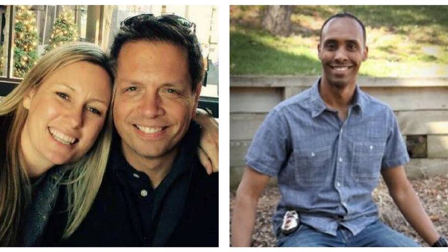 Justine Damond, left, pictured with her fiance Don; and police officer Mohamed Noor.