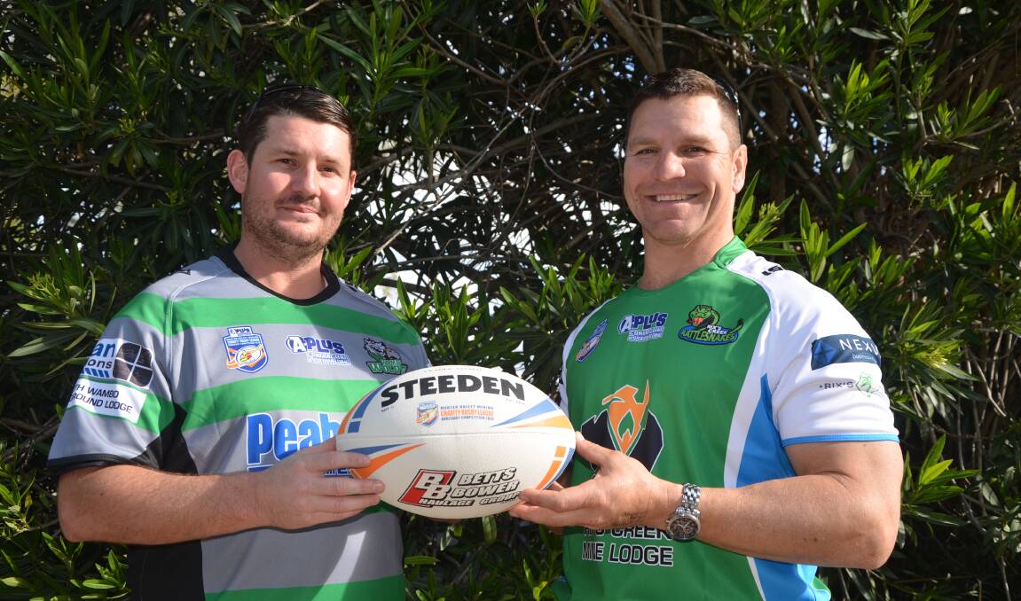 FRIENDLY FOES: Layton Amidy (Wambo Wolves) and Scott Matthews (Rix's Creek Rattlesnakes) are primed for Saturday's A-Plus Contracting Hunter Valley Mining Charity Rugby League Knockout.
