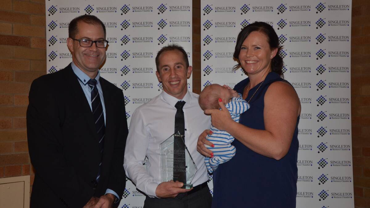 TOP PRIZE: Glencore's Craig Strudwick with Urban Active Health & Fitness' Chris, Kylie and eight-week-old Henry Barry at the Singleton Business Chamber's 2016 Outstanding Business Awards.