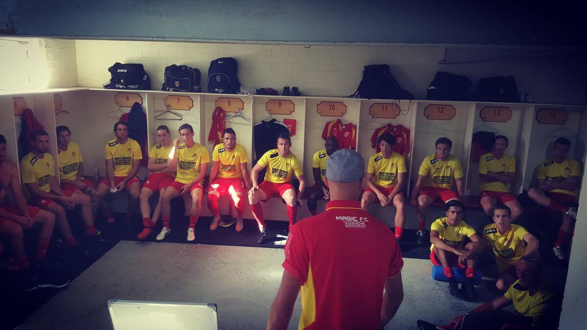 Ruben Zadkovich addresses his players before the game against Liaoning at Magic Park. Picture: Andrew Bozinovski