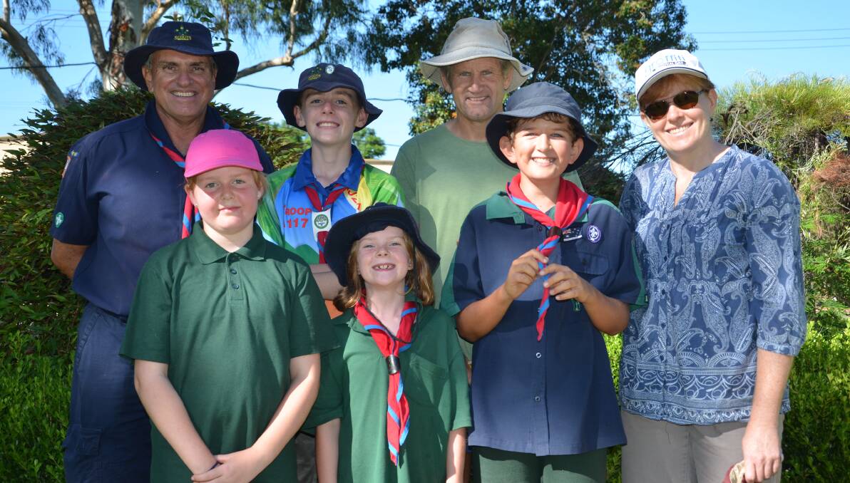 HELPING HANDS:  Scout leader Darryl Taylor, Jerico Towart, Simon Ford, Caitlin and Grace Towart, Dylan Ford and Louise Towart.