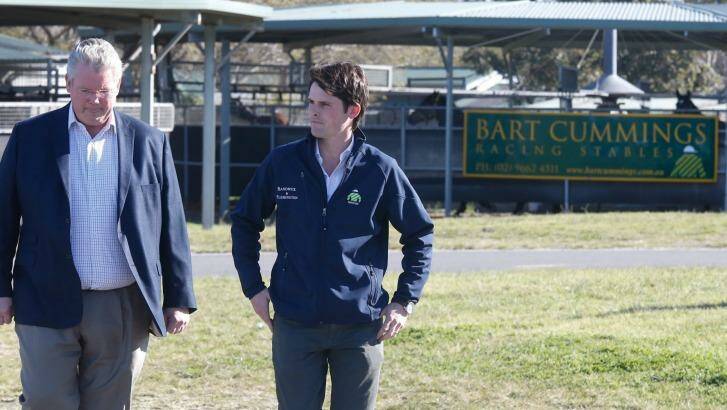 Horse trainer, Anthony Cummings and Bart's grandson,  James Cummings speaking about the
death of  Bart Cummings. Pictured at Royal Randwick Racecourse.  Photo: Peter Rae