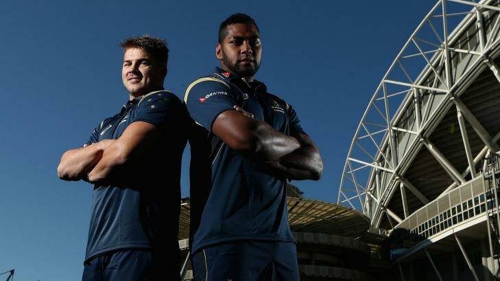 Ready: Drew Mitchell (left) and Taqele Naiyaravoro of the Wallabies pose during the Wallabies squad announcement at ANZ Stadium. Photo: Cameron Spencer