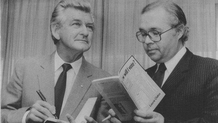 (L) P.M. Bob Hawke and journalist Laurie Oakes at his book launch at National Press Club in Canberra. October 31, 1984.