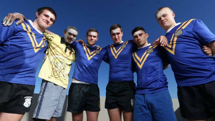 Will McCormick, artist Tim Ella, Lachlan Drew Morris, Patrick Clifton, Tyzac Jordan and Joel Ellis are excited about the Welcome to Country ceremony. Photo: Louise Kennerley