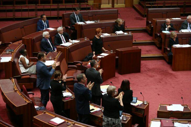 The Greens praise Senator Brandis after he repudiated Senator Pauline Hanson for wearing a burqa during question time at Parliament House in Canberra on Thursday 17 August 2017. Fedpol. Photo: Andrew Meares 