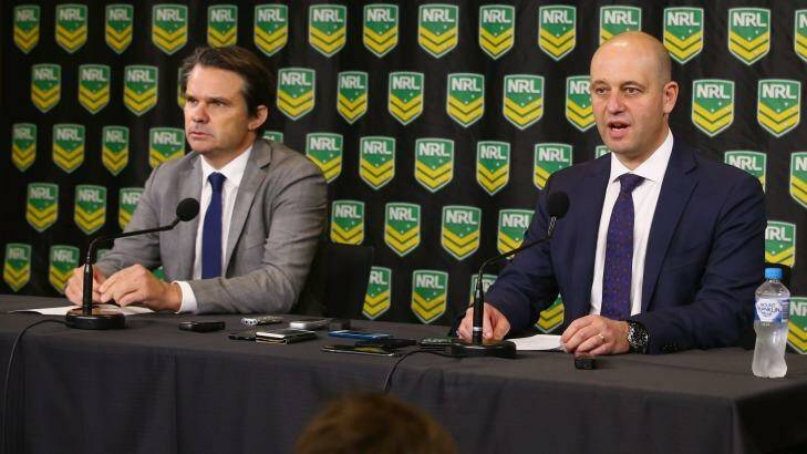 NRL integrity boss Nick Weeks and CEO Todd Greenberg announce preliminary findings against Parramatta Eels on May 3. Photo: Mark Kolbe