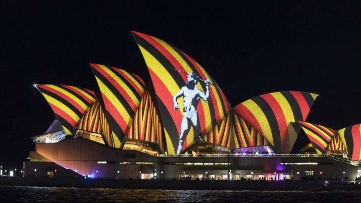 The sails of the Sydney Opera House light up with Indigenous imagery on the opening night of Vivid Sydney on Friday. Photo: Brook Mitchell