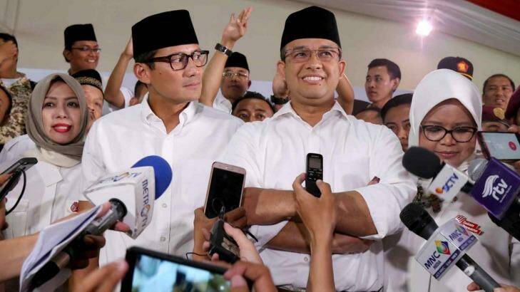 The leader of the Gerindra party Prabowo Subianto with Jakarta gubernatorial candidate Anies Baswedan and vice governor Sandiaga Uno last week. Photo: Oktaviano