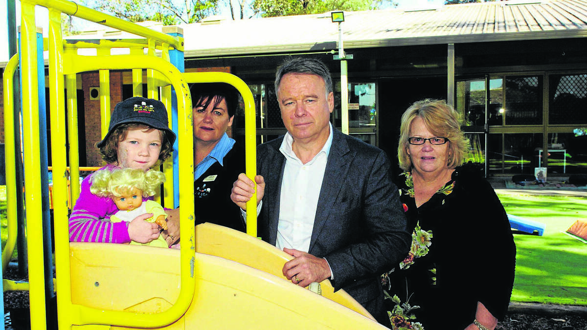 Hunter MP Joel Fitzgibbon with Jenelle Ycas and Patty Sams of Maitland Five Star Family Day Care and youngster Addison Woodward.