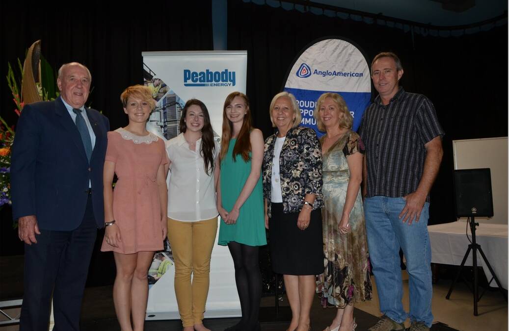 Singleton mayor John Martin, scholarship recipients Bobbie Bayley, Emma Sheen and Maddison Hough, Singleton Council, general manager, Lindy Hyam and representing their children at the presentation night Janelle Cox (Bryden Cox) and Gerard Redmond (Zoe Redmond).