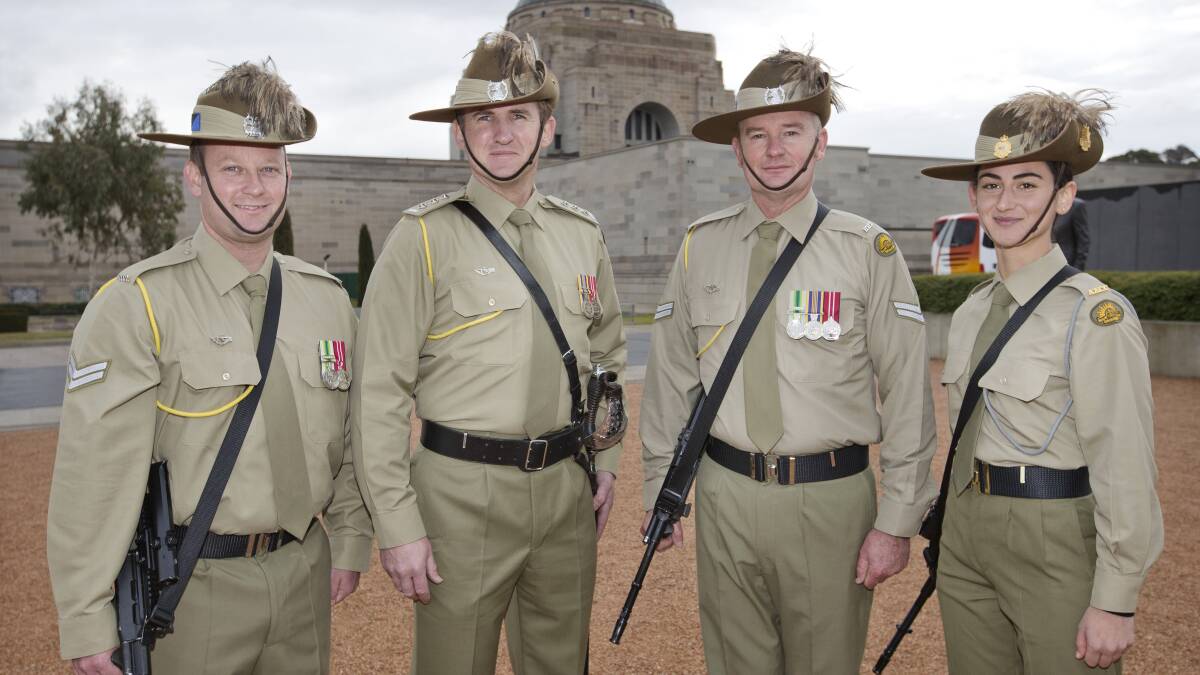 Australian Army soldiers from 12th/16th Hunter River Lancers at the Australian War Memorial in Canberra to commemorate the centenary of 2nd Division: (L-R) Corporal Adam Saxton, Captain Trevor Boyd, Corporal Darrell Byron and Private Melissa Bakhurst.
