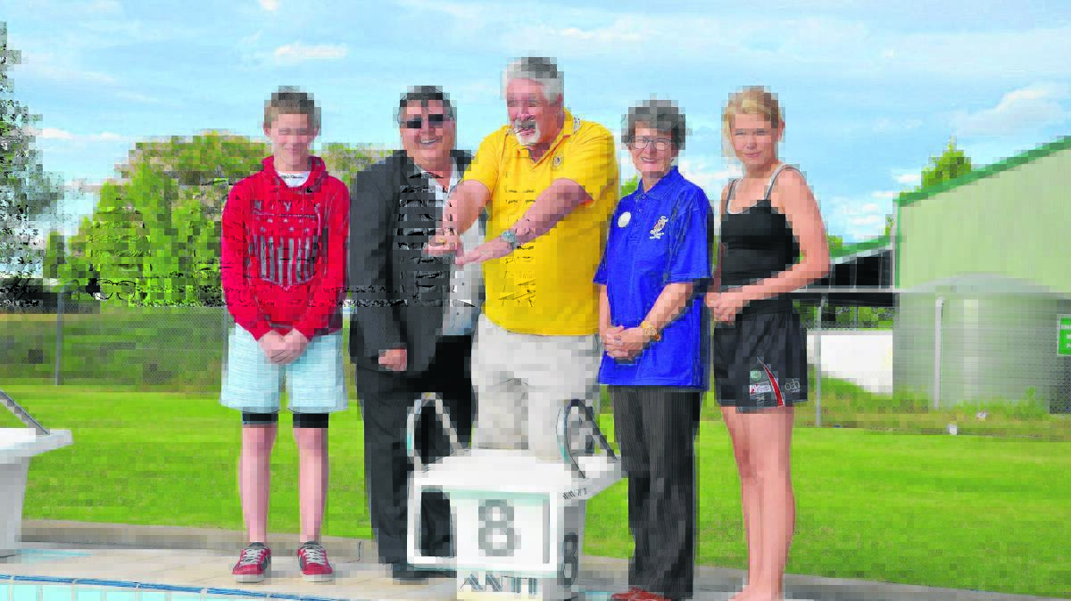 DIVING IN: Team Singleton swimming representatives Sean Beverley and Paige McHattie with Warren Deaves (Rotary Club of Singleton), Mick McCrone (Lions Club of Singleton) and Gai Scoles (Singleton Lioness Club), who have financially 
supported the squad.
