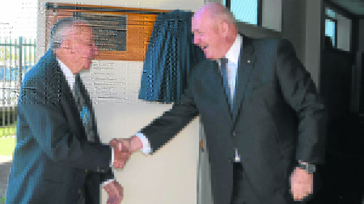 IT’S OFFICIAL: Singleton Men’s Shed president Alf Braye with Governor-General Sir Peter Cosgrove at the facility’s opening on Saturday.