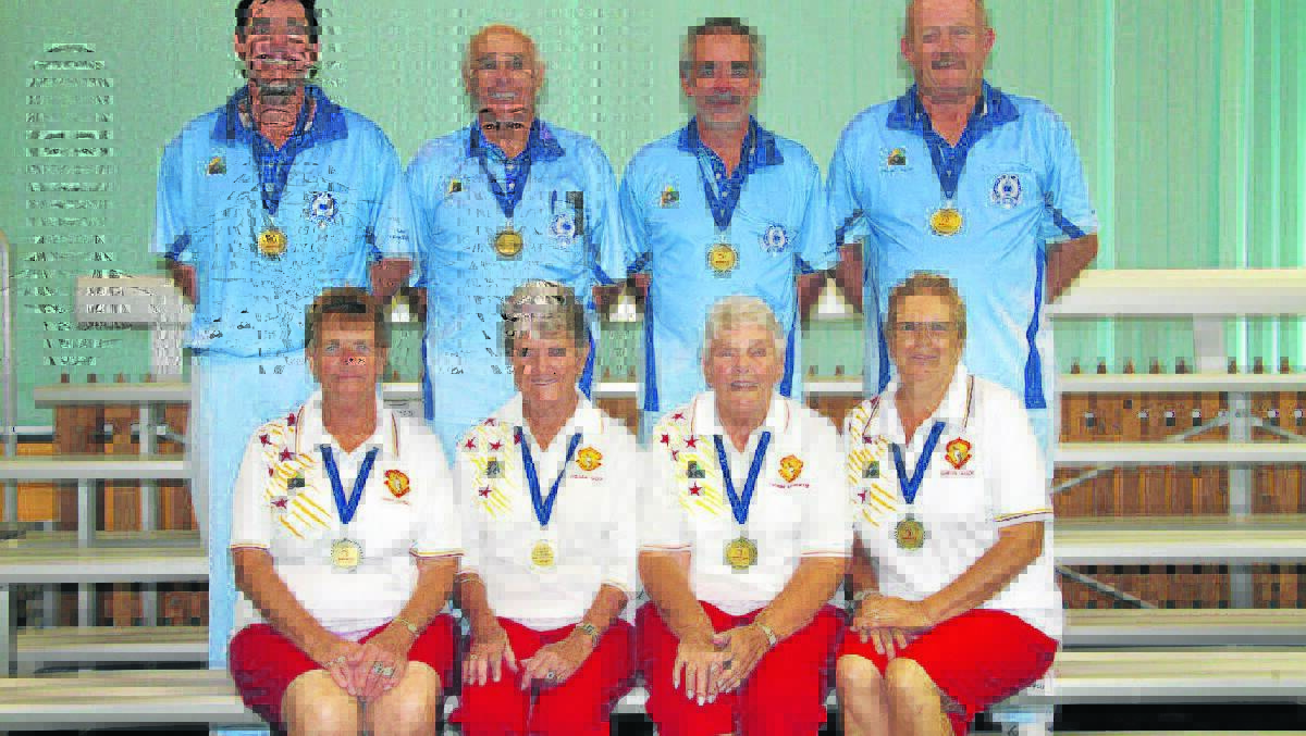 2014 MIXED BRONZE STATE CHAMPIONS: Singleton Bowling Club members, 
back from left, Nathan Allen, Rob Hamson, Gary Smailles, Bruce Taylor and, front from left, Gwen Lambkin, Wilma Cox, Yvonne Midwinter and manager Sharon Taylor. 
Pic: BOWLS NSW

