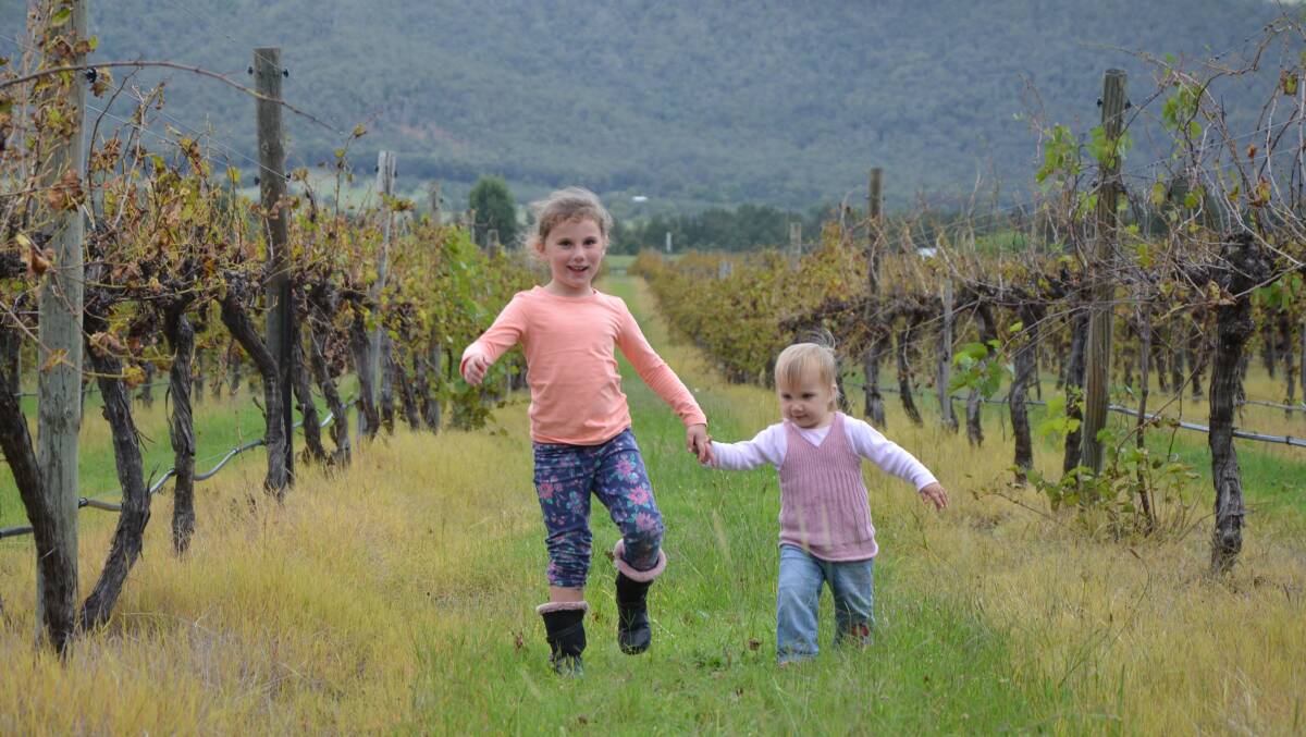 PLAYFUL FROLIC: Sisters Piper and Matilda Lawrence skip in the vineyards.