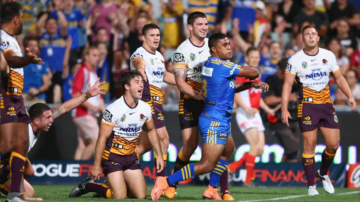 Sam Thaiday, Darius Boyd, Ben Hunt, James Roberts and Matt Gillett of the Broncos look to the referee as Michael Jennings of the Eels celebrates scoring a try only to have it disallowed for a double movement during the round one NRL match between the Parramatta Eels and the Brisbane Broncos at Pirtek Stadium on March 3, 2016 in Sydney, Australia. Pic: Mark Kolbe/Getty Images