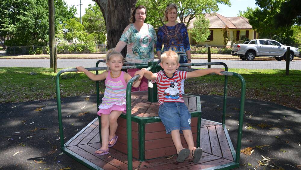 NOT HAPPY: Singleton Councillor Hollee Diemar-Jenkins (left) and resident Janette Morris with youngsters Imogen, 3, and Jackson Thiecke,5, at Burdekin Park on Tuesday.