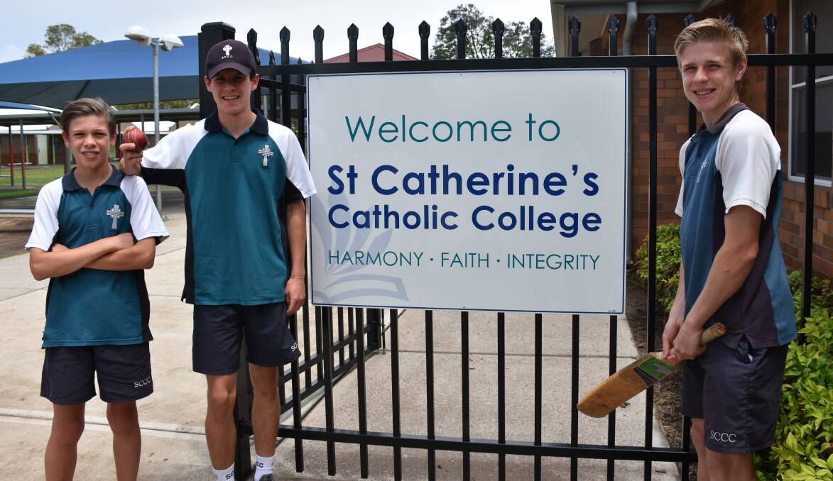 MAKING HISTORY: St Catherine's Catholic College students Dorian Thornbury (Year 7), Tom Druery and Jesse Bates (both Year 10) have helped land their senior cricket side to the third round of the NSWCCC Nicholas Downie Trophy Competition.