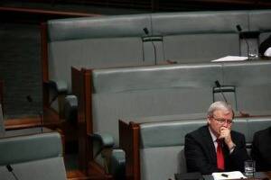 Labor MP Kevin Rudd sits on the backbench during Question Time at Parliament House Canberra on Monday. Photo: Alex Ellinghausen