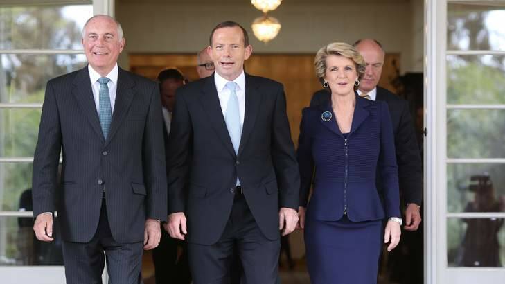 In power: Warren Truss, Tony Abbott and Julie Bishop at Government House in Canberra on Wednesday. Photo: Andrew Meares