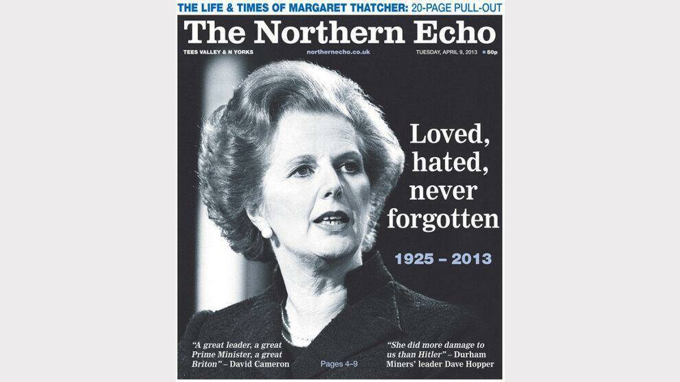 Photos of the front pages of British newspapers following Margaret Thatcher's death. Photo: Twitter/The Northern Echo.