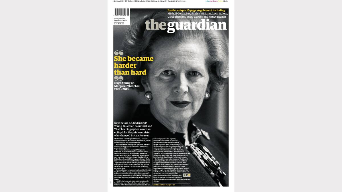 Photos of the front pages of British newspapers following Margaret Thatcher's death. Photo: Twitter/The Guardian.