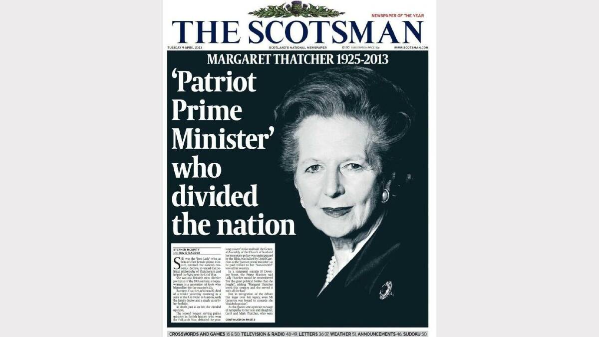 Photos of the front pages of British newspapers following Margaret Thatcher's death. Photo: Twitter/The Scotsman.