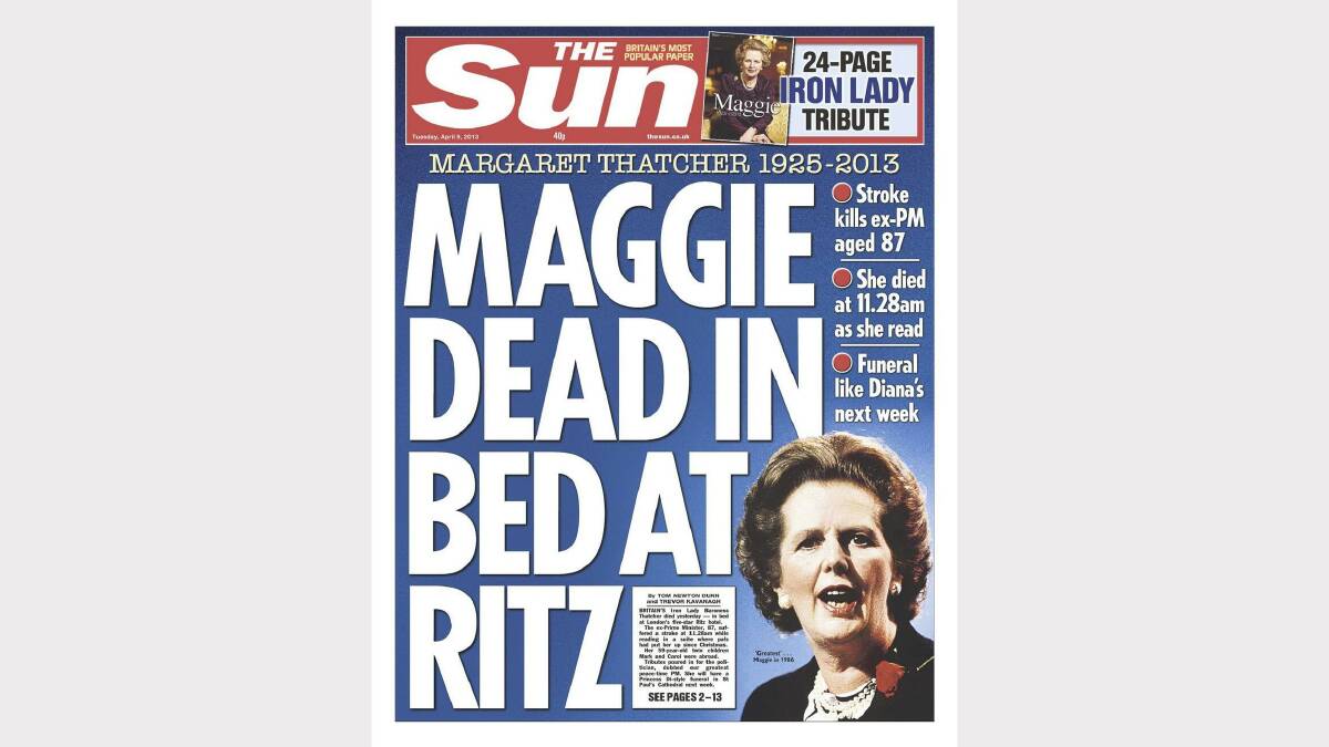 Photos of the front pages of British newspapers following Margaret Thatcher's death. Photo: Twitter/ The Daily Sun.