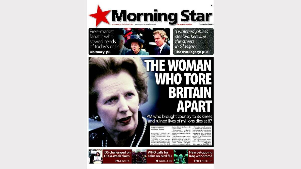 Photos of the front pages of British newspapers following Margaret Thatcher's death. Photo: Twitter/The Morning Star.