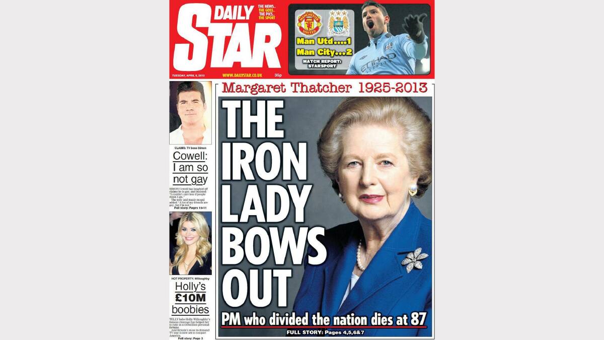 Photos of the front pages of British newspapers following Margaret Thatcher's death. Photo: Twitter/ The Daily Star.