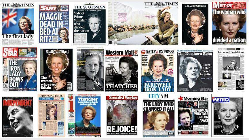 Photos of the front pages of British newspapers following Margaret Thatcher's death. Photo: Twitter/Nick Sutton.