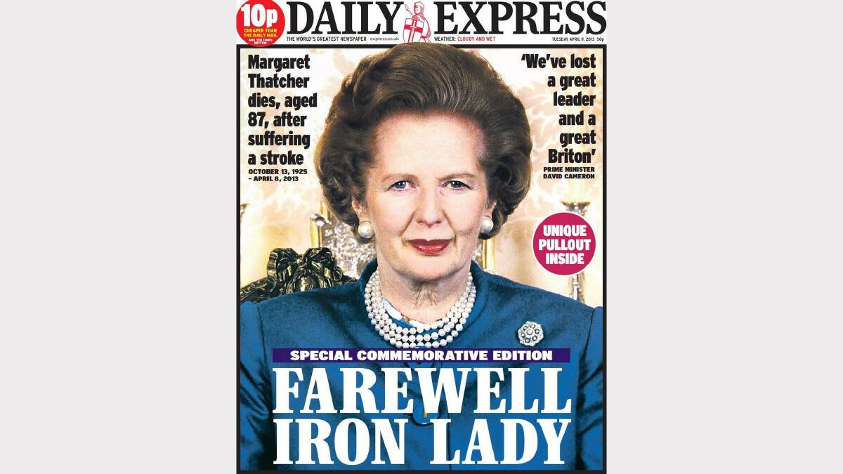 Photos of the front pages of British newspapers following Margaret Thatcher's death. Photo: Twitter/The Daily Express