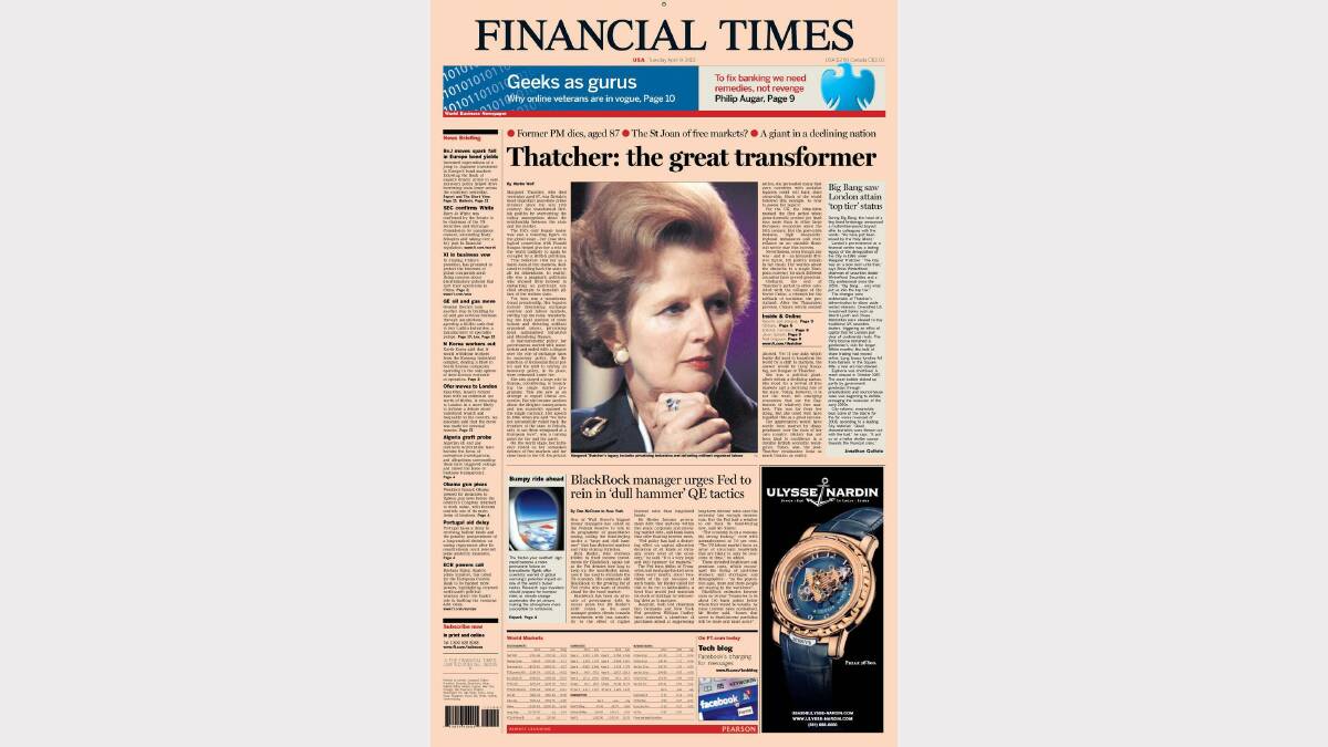 Photos of the front pages of British newspapers following Margaret Thatcher's death. Photo: Twitter/The Financial Times.