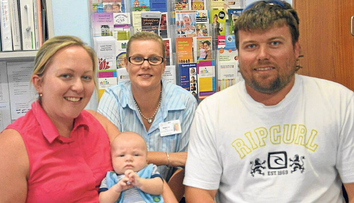 BABY CLINIC:  Child and family health nurse (back)Rebecca Wild looks after Brooke Howard and Shawn Williams who brought baby Riley Williams in for his eight week check-up.