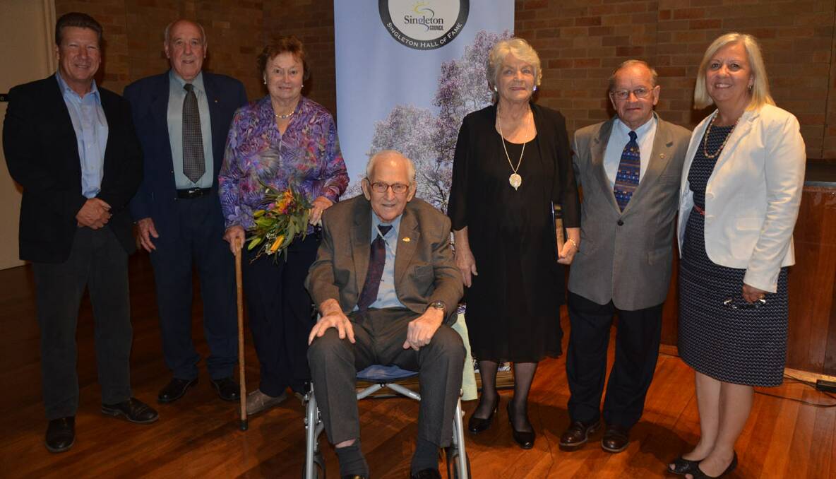GREAT HONOUR:  (L-r) Wambo Coal Hall of Fame recipients were presented with their awards at a ceremony at the Civic Centre on Wednesday night.  Picutred (l-r) are Wambo Coal Peabody Energy general manager Peter Baker, Mayor John Martin, Joan Ball representing Allan Ball, Ted Butler, Thea Fleming, Barry Cox and Singleton Council general manager LindyHyam.