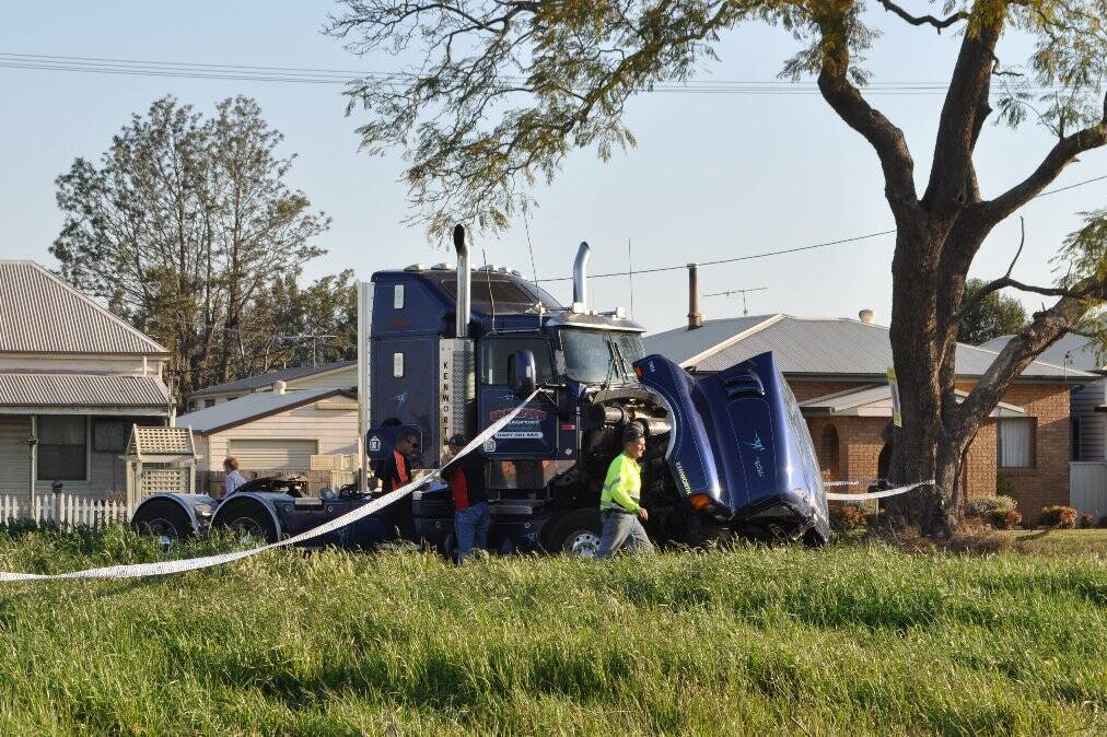 The truck involved at the scene of the fatal crash.
