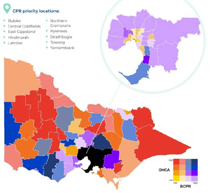 Map of cardiac arrest rates compared with bystander CPR rates across regional Victoria. Picture by VACAR