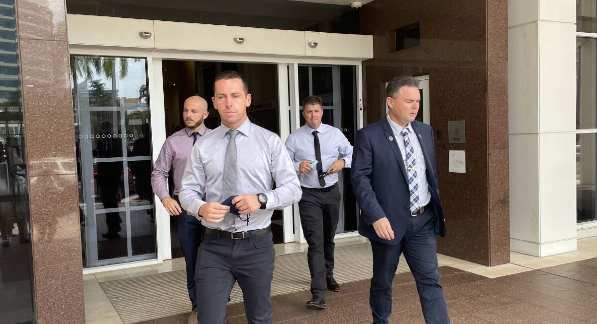 DAY THREE: Zachary Rolfe leaves the Darwin Supreme Court with his supporters on the third day of his trial. Picture: Sarah Matthews