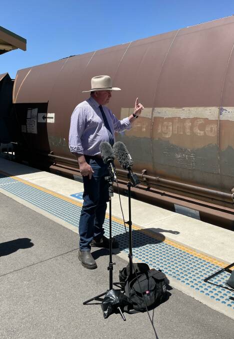 CLIMATE PROTESTS: Deputy Prime Minister Barnaby Joyce made a media appearance at Singleton Station to condemn protesters blocking Hunter Valley coal trains on Monday, November 15 2021. Picture: Mathew Perry
