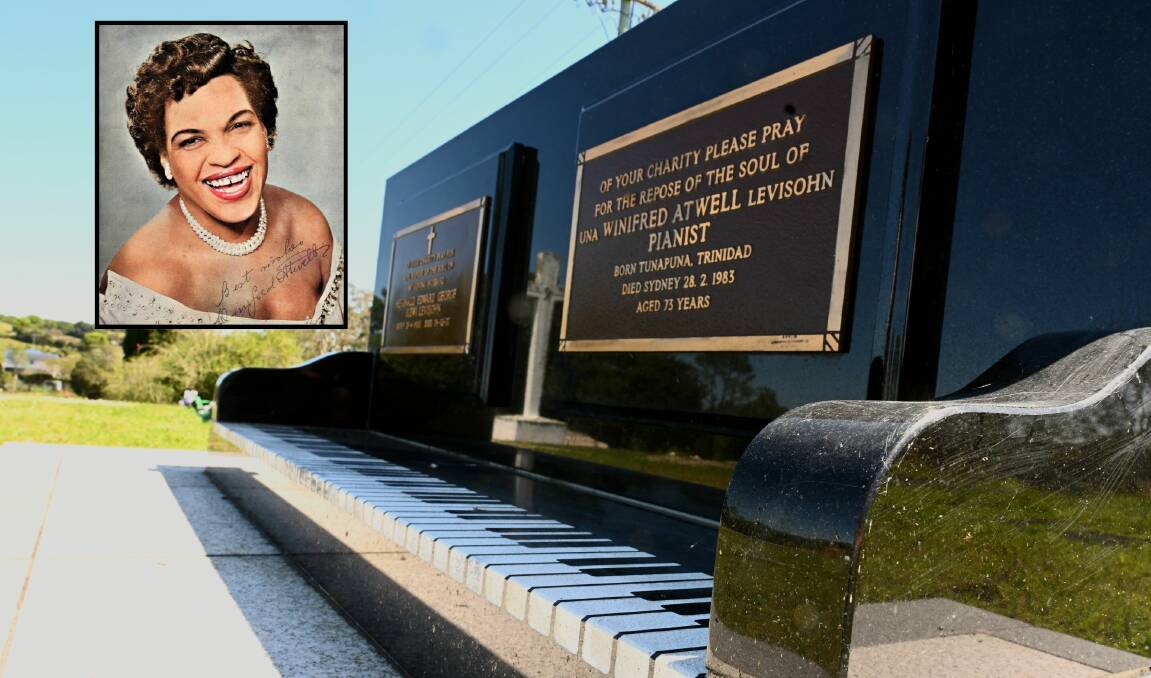 A new headstone for queen of honky tonk, Winifred Atwell (inset), has appeared at the Northern Rivers Memorial Park at South Gundurimba. 