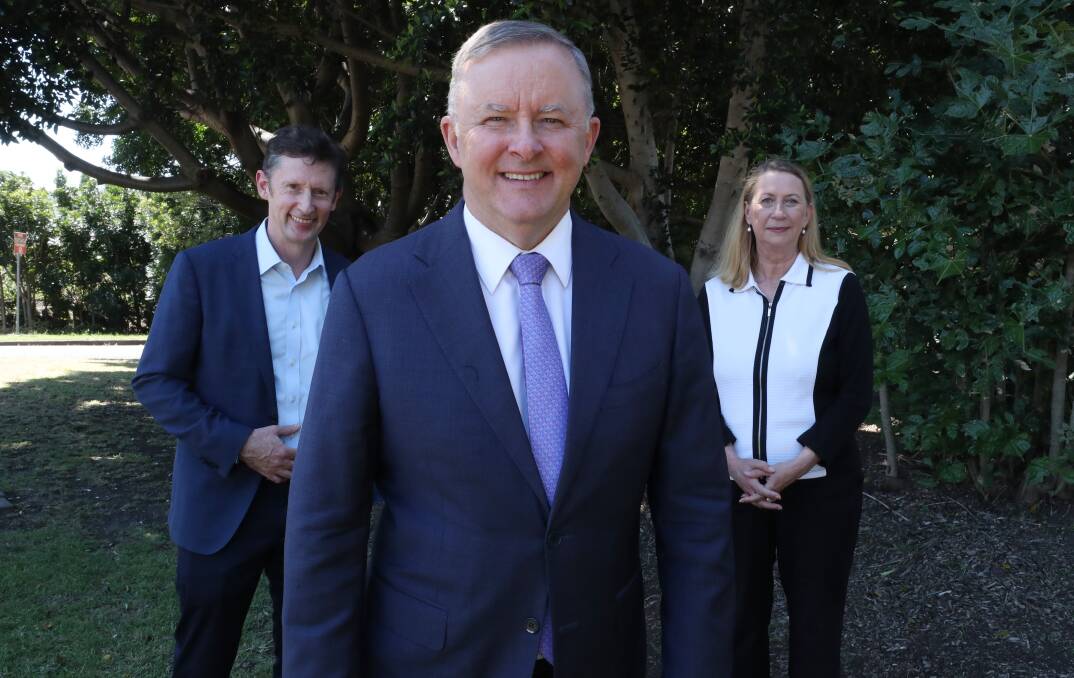 Anthony Albanese with Labor MPs Stephen Jones and Sharon Bird. Picture: Robert Peet