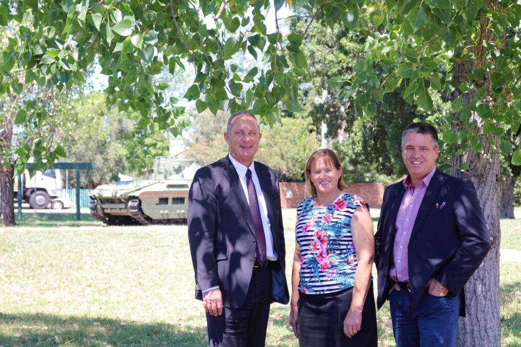 Upper Hunter MP Michael Johnsen, Mayor Sue Moore and Singleton Council general manager Jason Linnane at the site of the proposed Arts & Cultural Centre in Townhead Park.