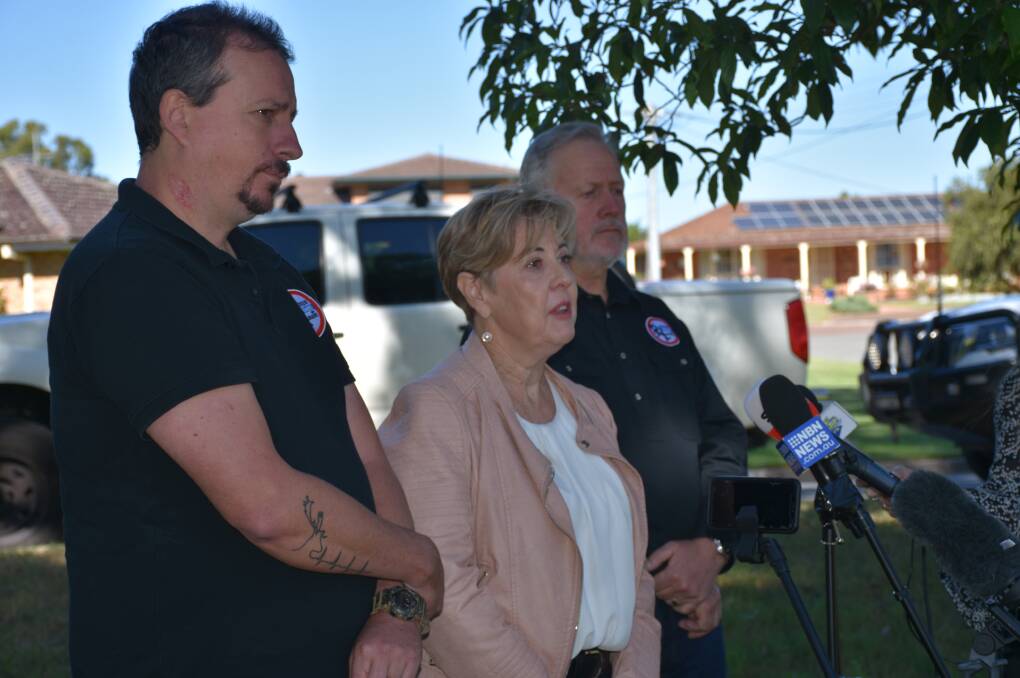 Sue Gilroy in Singleton this morning with Shooters, Fishers and Farmers MLC members Mark Banasiak and Robert Borsak.