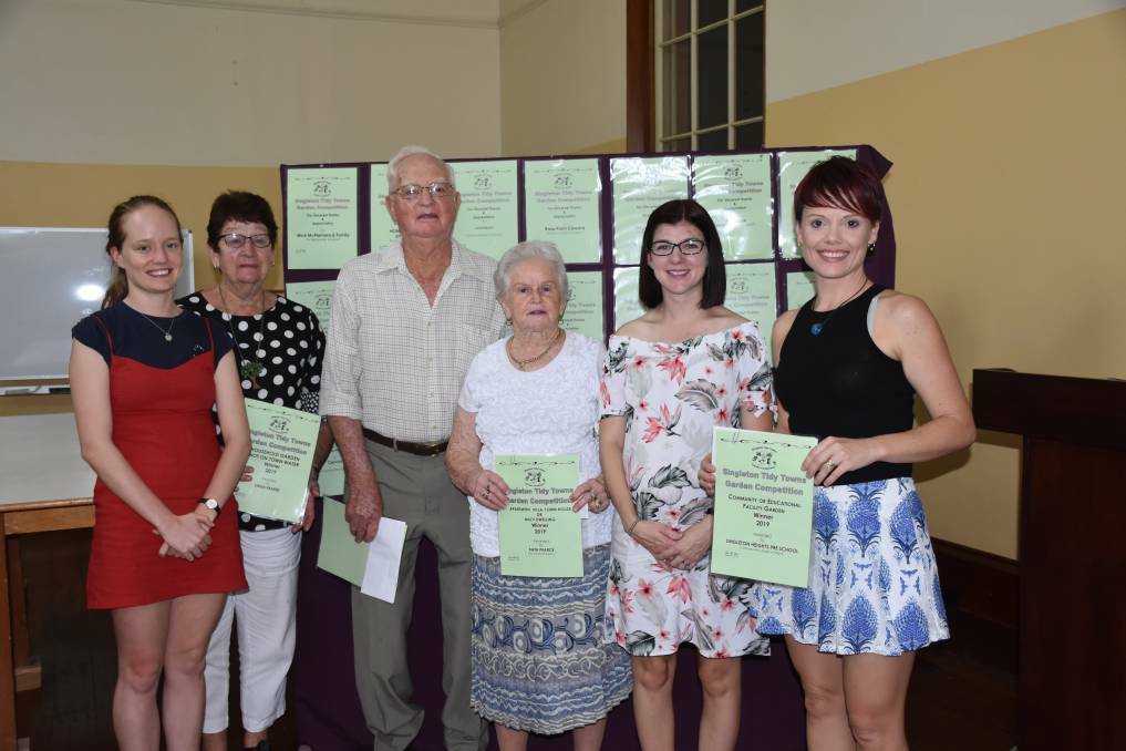 Garden competition category winners Lucy Nichols, representing her twin sister Sophie, Linda Frazer, Austin Latter, Kath Pearce and representatives of Singleton Heights Pre-School