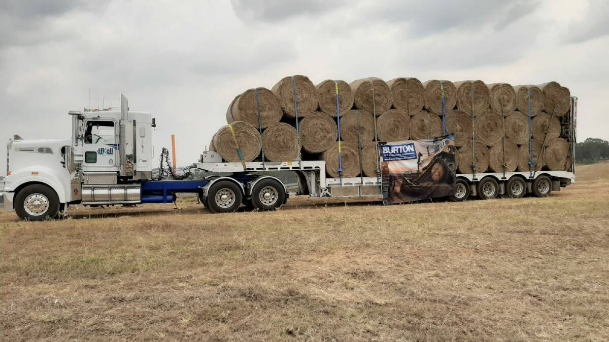 One load of the 350 round bales donated by Burton Contractors to Hunter Valley farmers.
